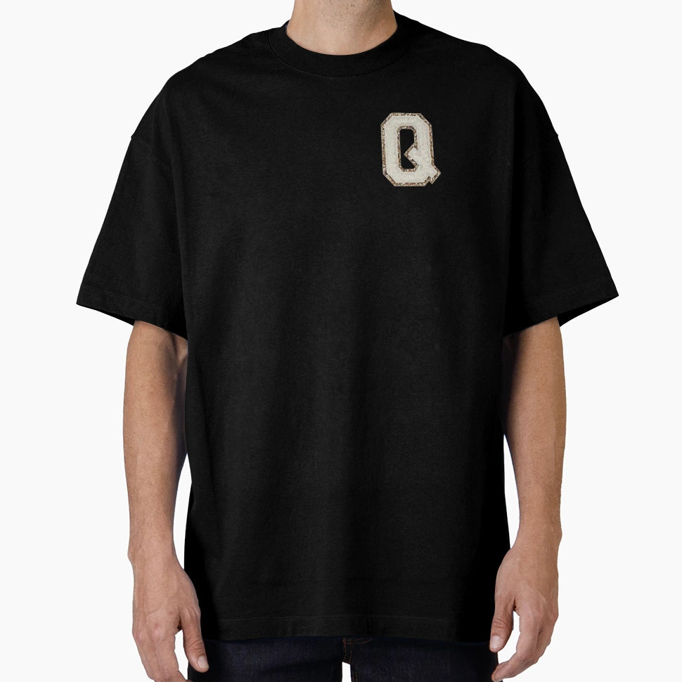 Q Blanc Glitter Varsity Letter Patches T-Shirt - Graphic Print Unisex - T-Shirt, Sweatshirt, Hoodie