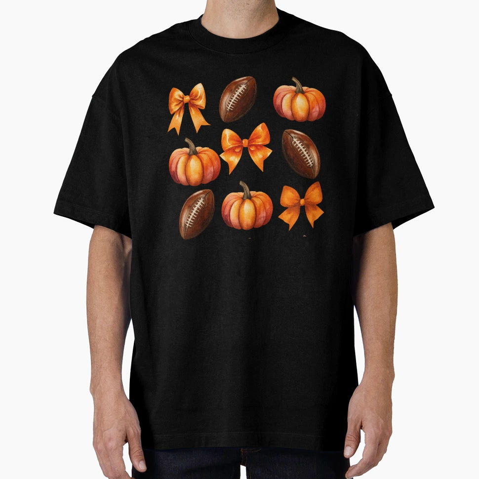 Pumpkins Bows And Footballs Fall T-Shirt - Aesthetic Graphic Men Women - T-Shirt, Sweatshirt, Hoodie