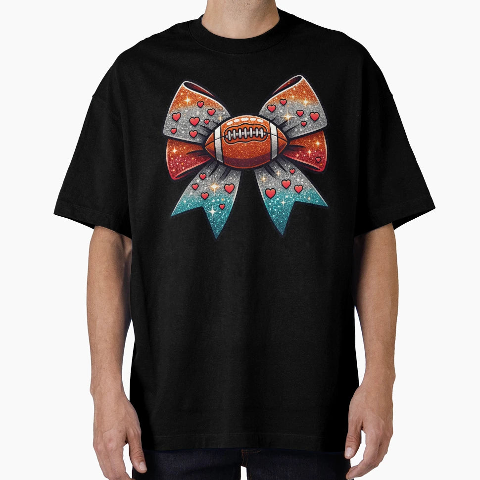 Glitter Football Bow Hearts Cheerleader T-Shirt - Graphic Print Unisex - T-Shirt, Sweatshirt, Hoodie