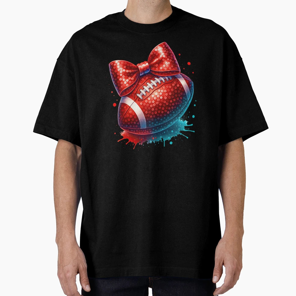 Sparkly Red Football Sequin Bow And T-Shirt - Minimalist Print Unisex - T-Shirt, Sweatshirt, Hoodie