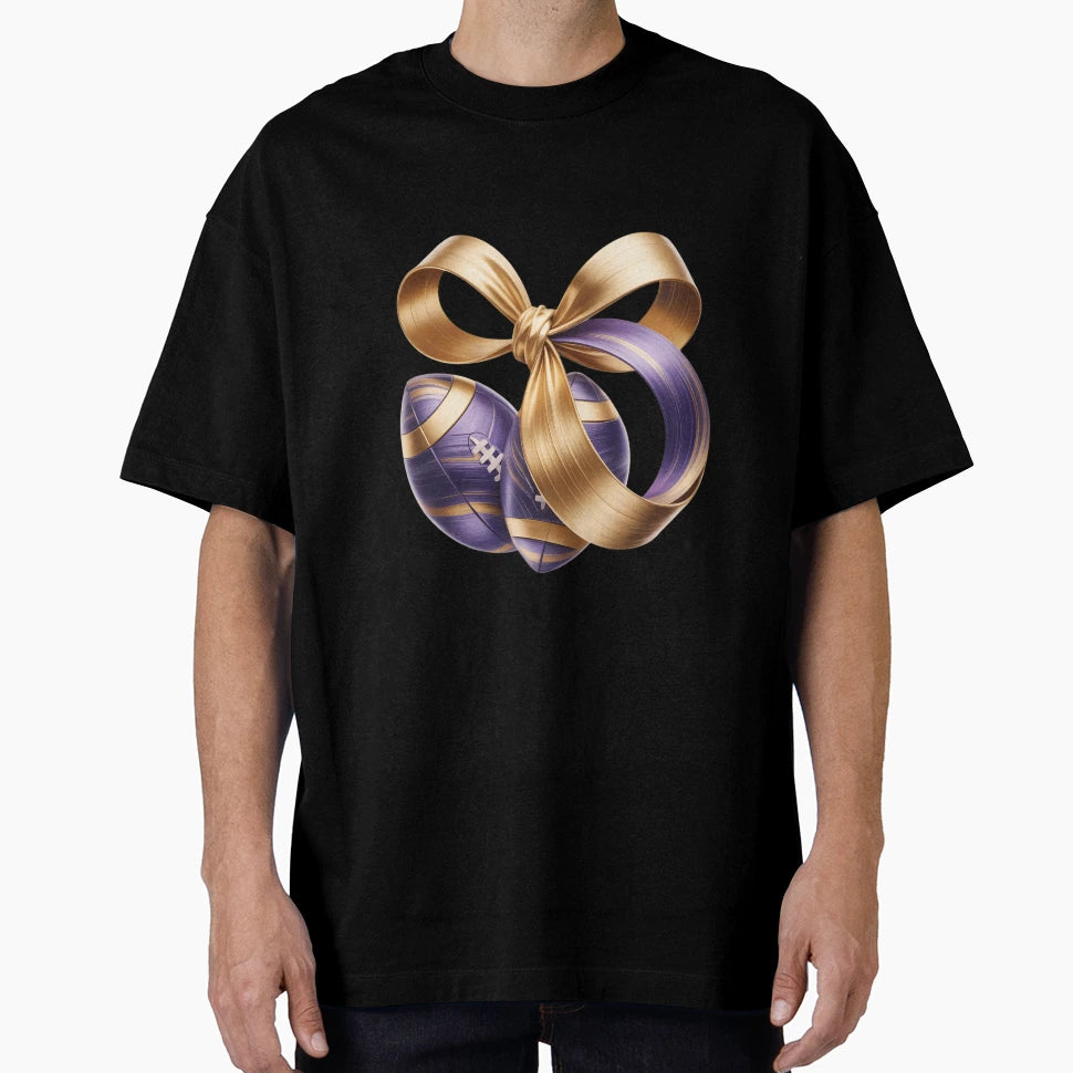 Purple Yellow Gold Football Coquette Bow T-Shirt - Novelty Apparel Unisex - T-Shirt, Sweatshirt, Hoodie