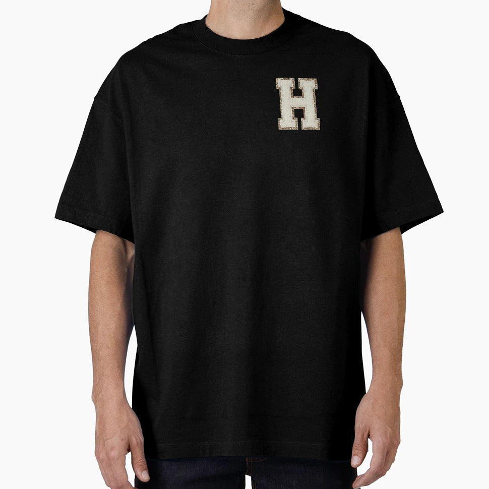 H Blanc Glitter Varsity Letter Patches T-Shirt - Graphic Print for Adults - T-Shirt, Sweatshirt, Hoodie