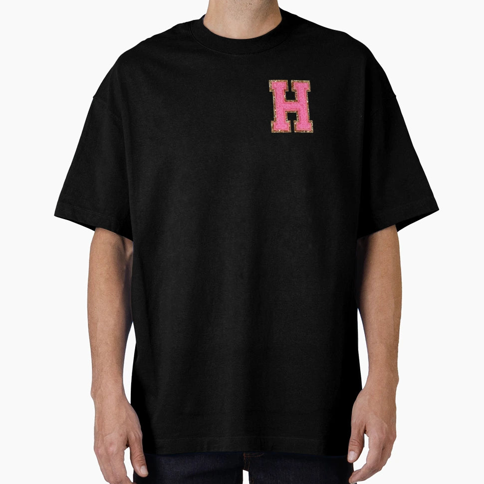 H Bubblegum Glitter Varsity Letter Patches T-Shirt - Trendy Graphic Unisex - T-Shirt, Sweatshirt, Hoodie