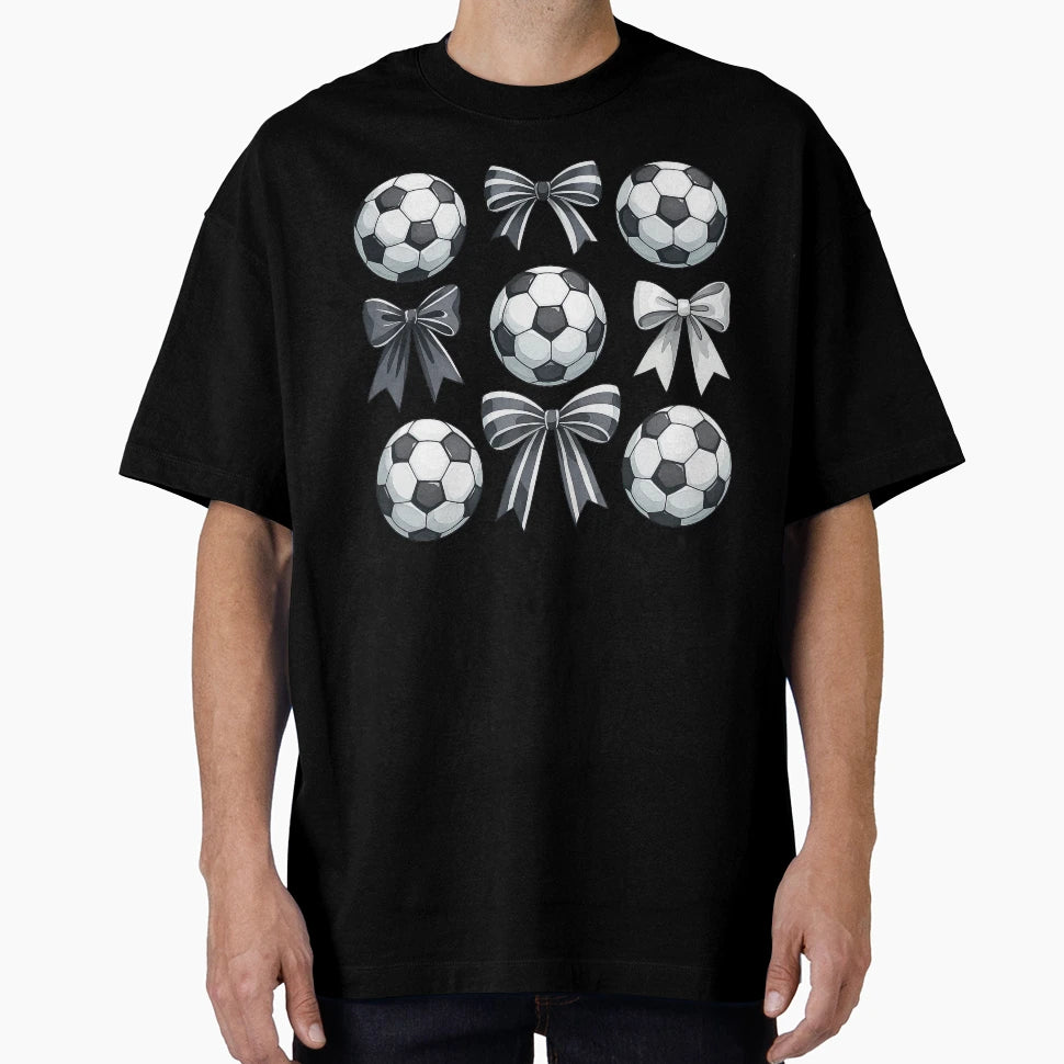 Soccer Balls And Black Bows Pattern T-Shirt - Custom Art Print for Adults - T-Shirt, Sweatshirt, Hoodie