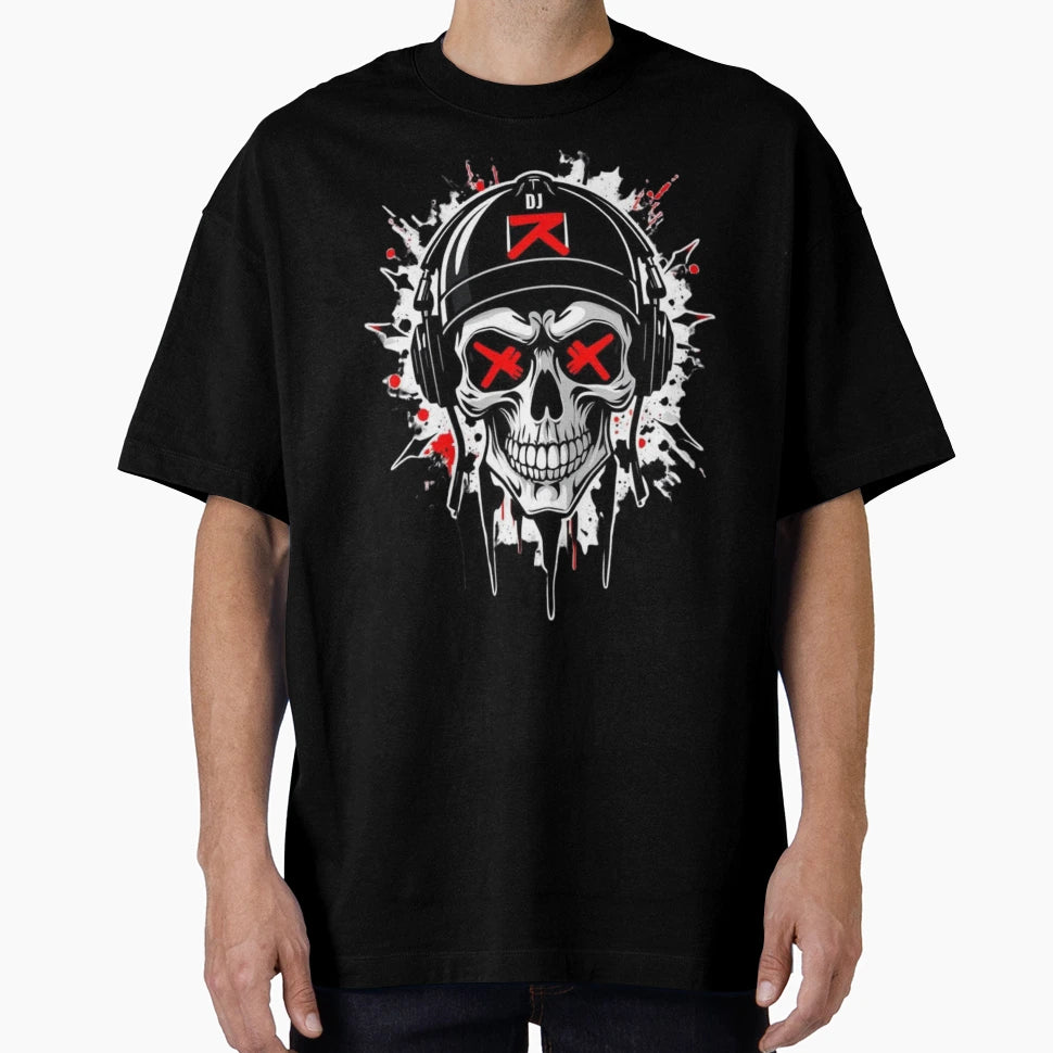 Punk Dj Skull Glowing Red Eyes T-Shirt - Casual Everyday Wear for Adults - T-Shirt, Sweatshirt, Hoodie