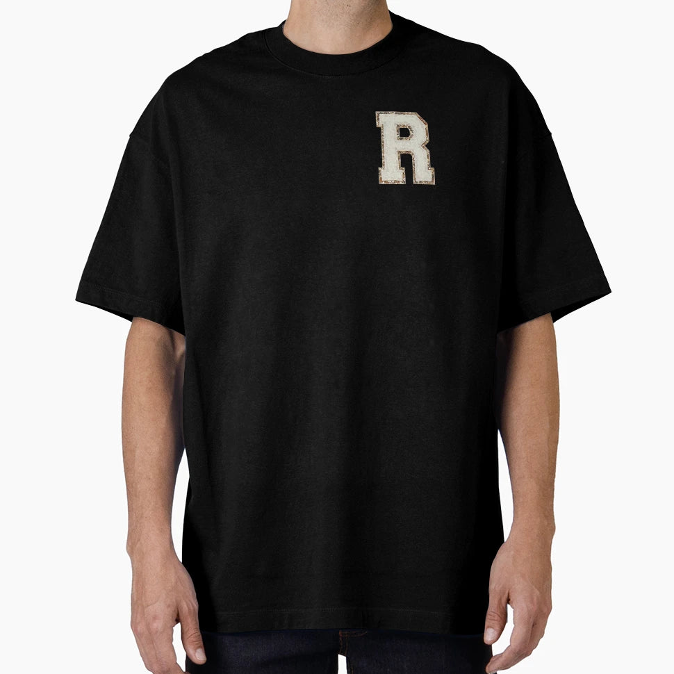 R Blanc Glitter Varsity Letter Patches T-Shirt - Graphic Print for Adults - T-Shirt, Sweatshirt, Hoodie