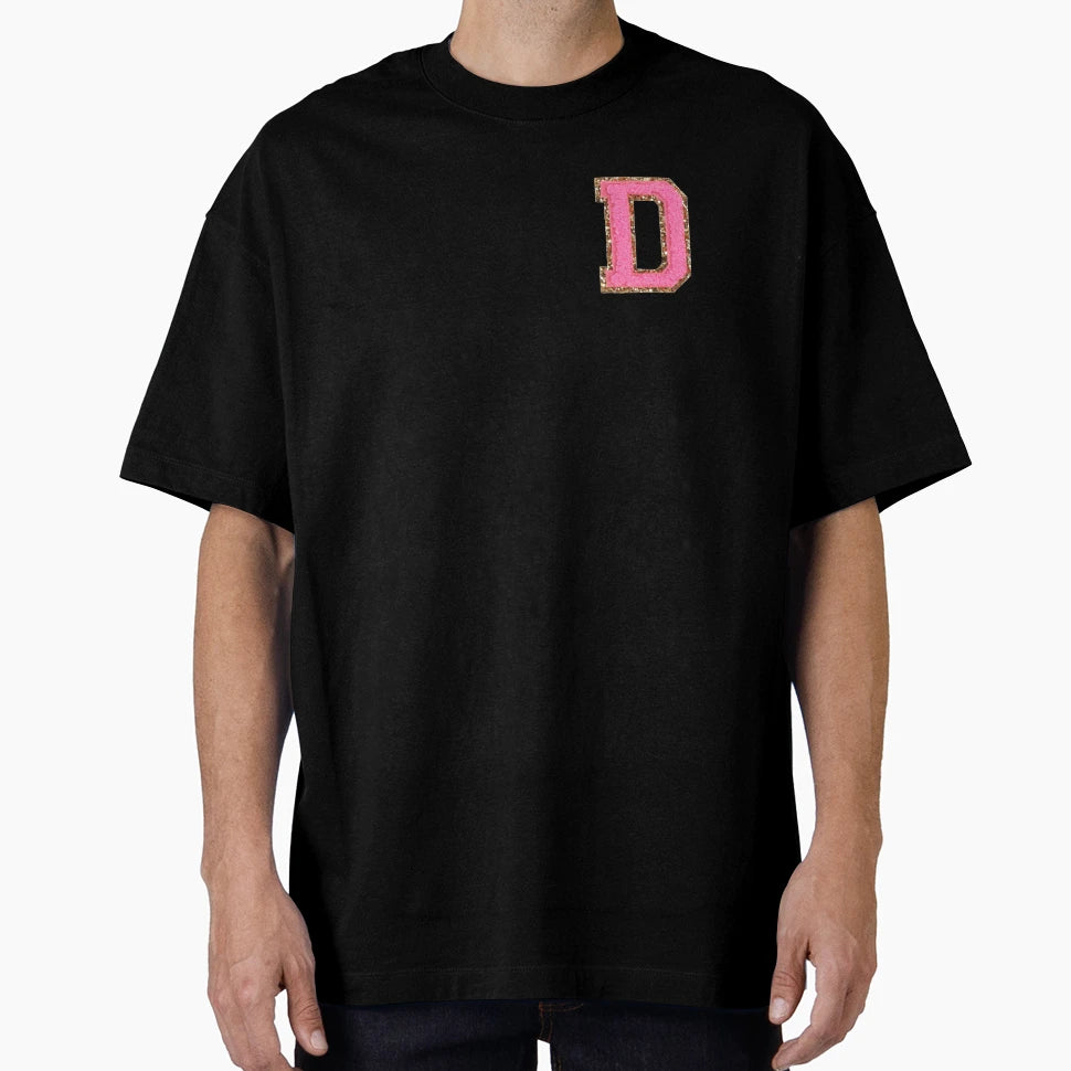 D Bubblegum Glitter Varsity Letter Patches T-Shirt - Novelty Apparel Unisex - T-Shirt, Sweatshirt, Hoodie