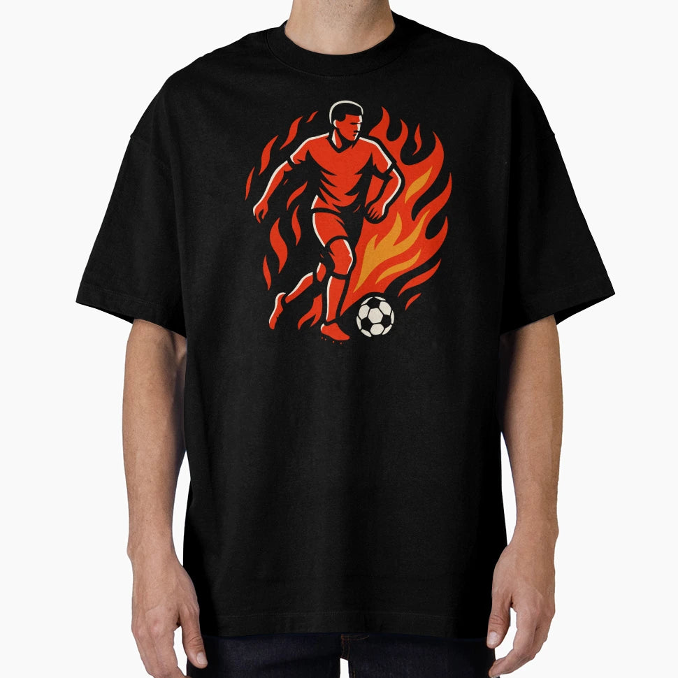 Soccer Player Ball Flames Running T-Shirt - Trendy Graphic for Adults - T-Shirt, Sweatshirt, Hoodie