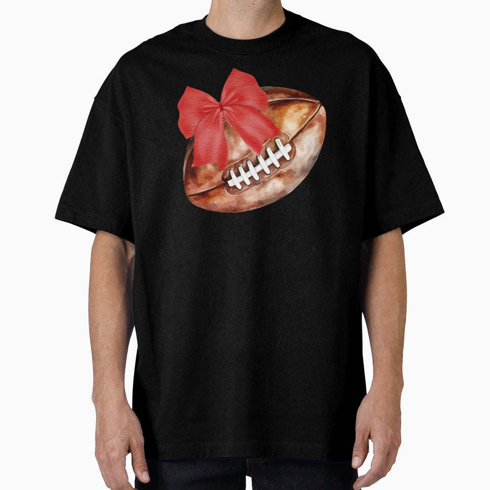 Football Mom Red Coquette Bows Rugby Ball T-Shirt - Trendy Graphic Unisex - T-Shirt, Sweatshirt, Hoodie