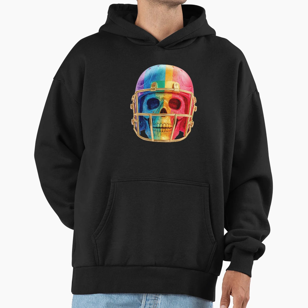 Rainbow Pride Football Skull Helmet Hoodie - Aesthetic Graphic Men Women - T-Shirt, Sweatshirt, Hoodie