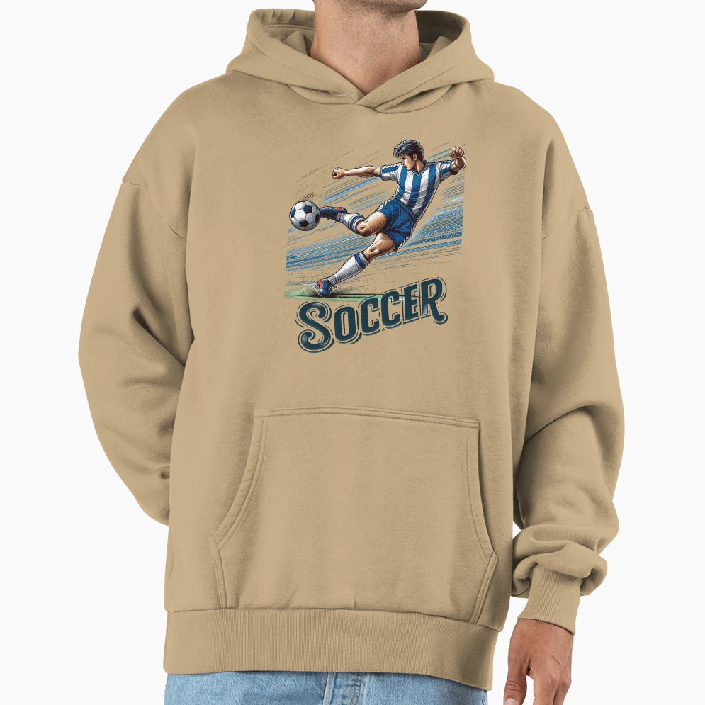 Soccer Player Kicking Ball Hoodie - Trendy Graphic Unisex - T-Shirt, Sweatshirt, Hoodie