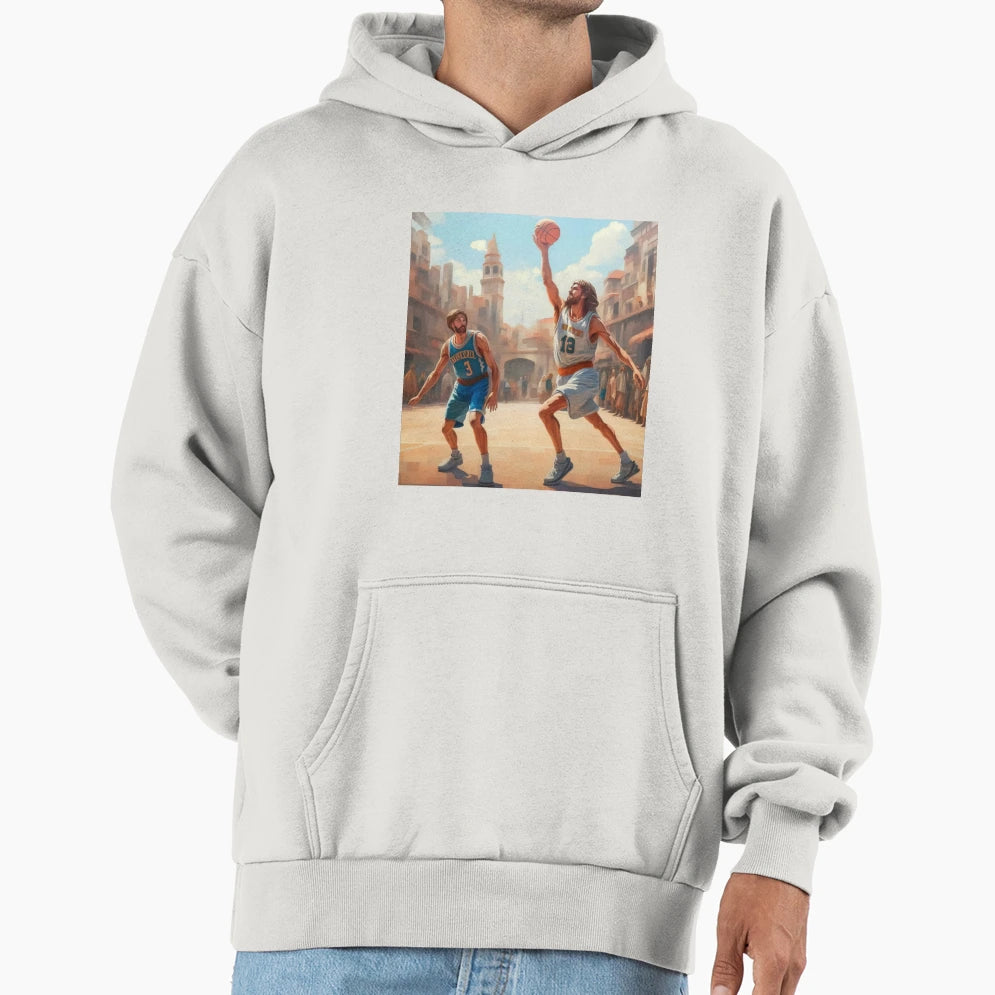 Jesus Christ Playing Basketball Hoodie - Minimalist Print for Adults - T-Shirt, Sweatshirt, Hoodie