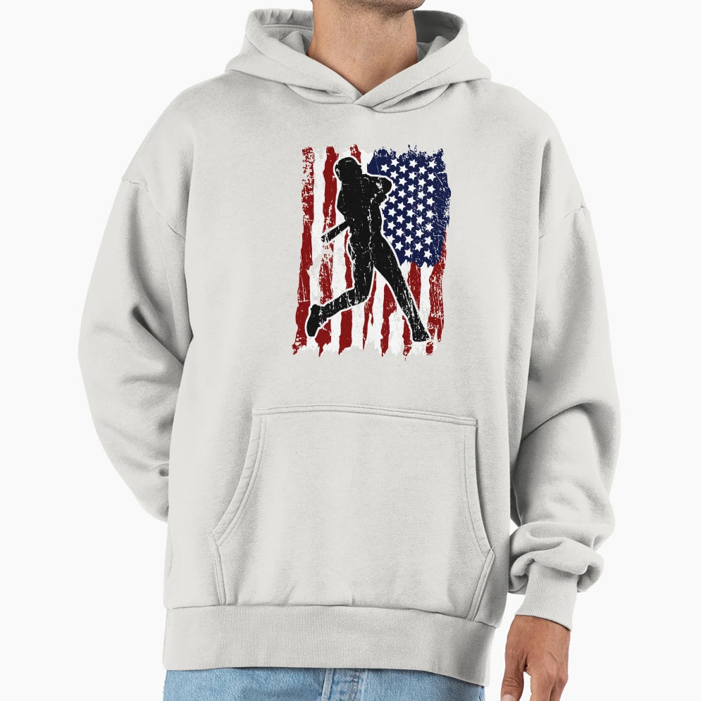 Baseball Player American Us Flag Hoodie - Custom Art Print Men Women - T-Shirt, Sweatshirt, Hoodie
