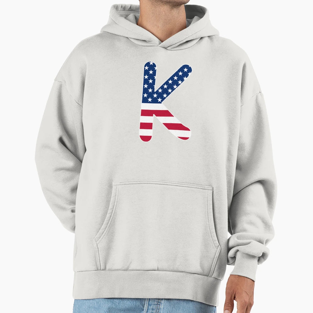 Letter K Capital Alphabet American Flag Hoodie - Novelty Apparel Men Women - T-Shirt, Sweatshirt, Hoodie