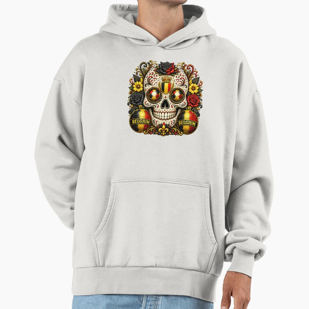 Belgium Soccer Skull Hoodie - Graphic Print for Adults - T-Shirt, Sweatshirt, Hoodie
