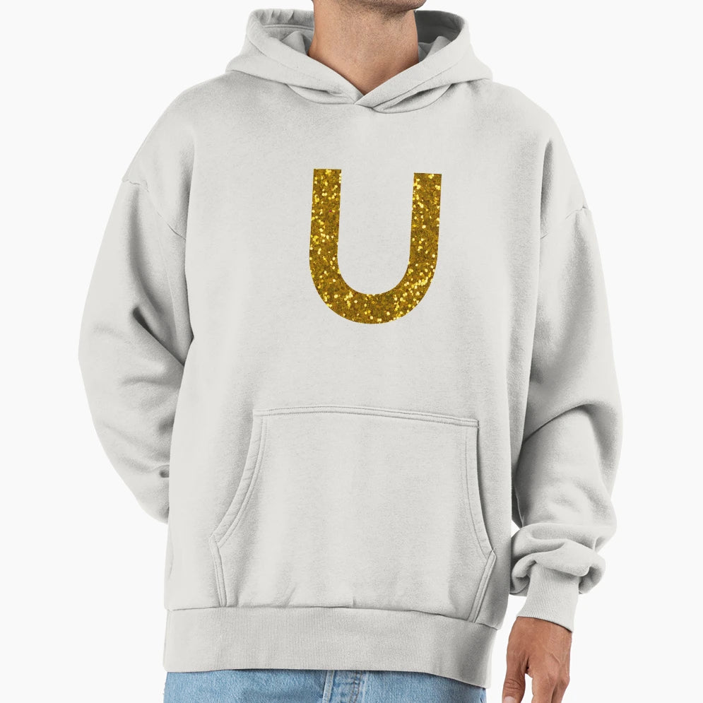 Gold Letter U Gold Glitter Hoodie - Custom Art Print for Adults - T-Shirt, Sweatshirt, Hoodie