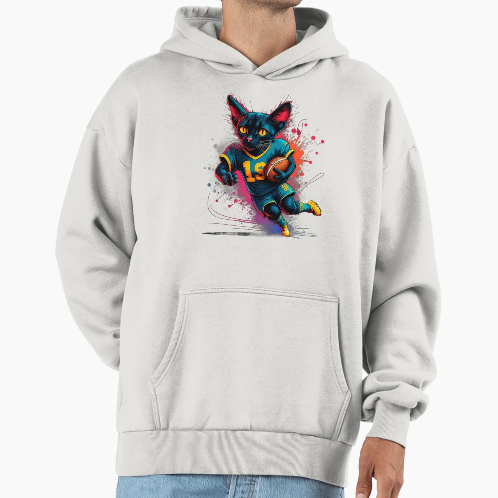 Black Bombay Cat Playing American Football Hoodie - Streetwear Style Unisex - T-Shirt, Sweatshirt, Hoodie