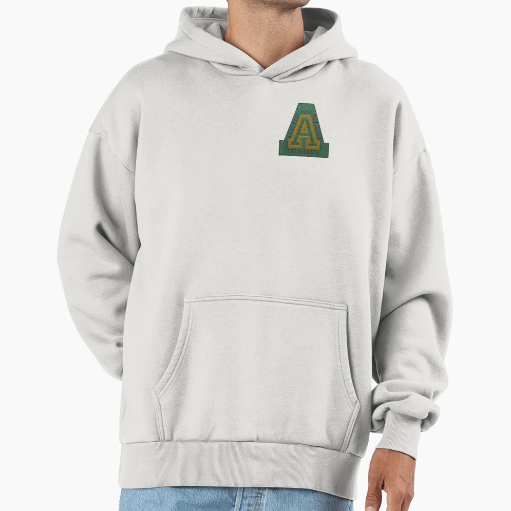 Varsity Embroidery Iron Patch Textured Hoodie - Graphic Print for Adults - T-Shirt, Sweatshirt, Hoodie