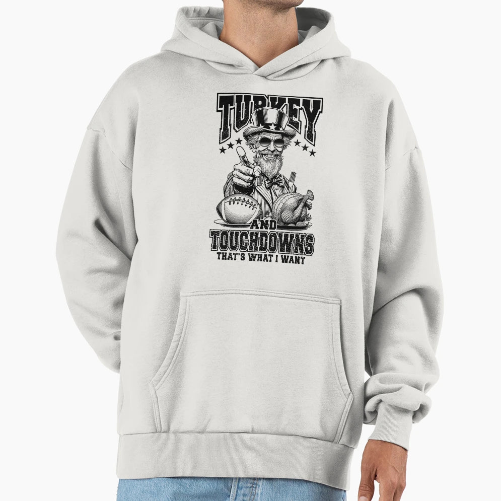 Turkey Touchdowns Funny Thanksgiving Hoodie - Trendy Graphic for Adults - T-Shirt, Sweatshirt, Hoodie