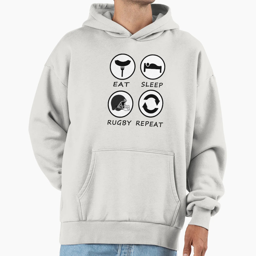 Eat Sleep Rugby Repeat Hoodie - Fun Novelty Design Unisex - T-Shirt, Sweatshirt, Hoodie