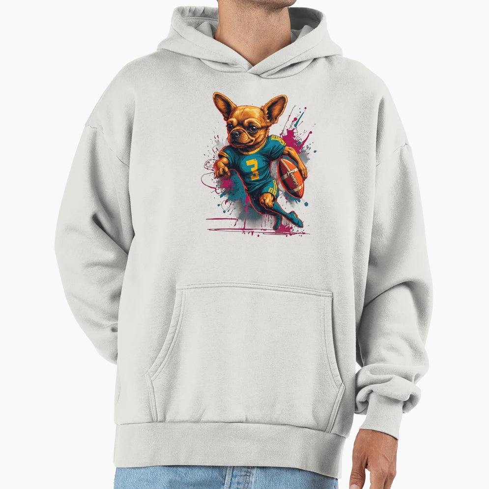 Chihuahua Dog Playing American Football Hoodie - Minimalist Print Unisex - T-Shirt, Sweatshirt, Hoodie