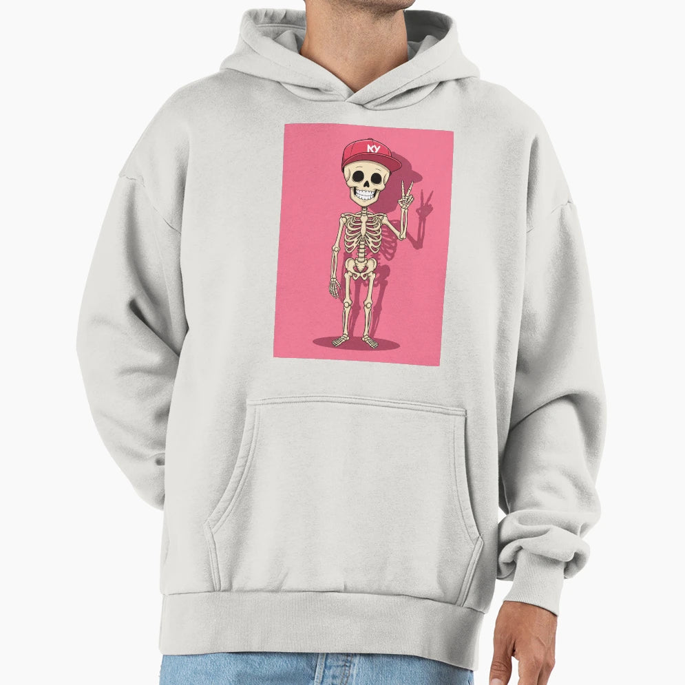 Cartoon Skeleton Ny Cap And Peace Sign Hoodie - Graphic Print Men Women - T-Shirt, Sweatshirt, Hoodie