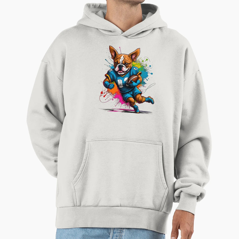 Bulldog Playing American Football Hoodie - Trendy Graphic Unisex - T-Shirt, Sweatshirt, Hoodie