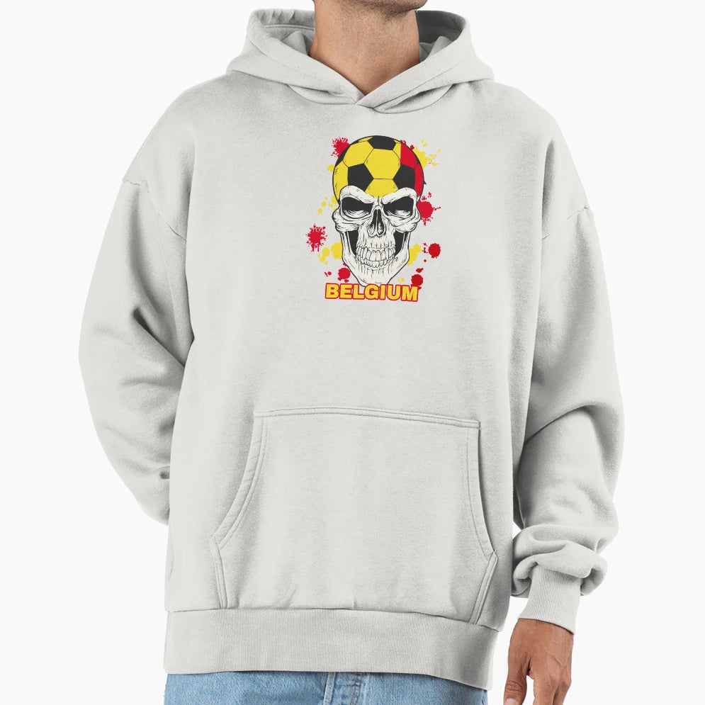Belgium Soccer Player Belgian Flag Skull Hoodie - Unique Graphic for Adults - T-Shirt, Sweatshirt, Hoodie