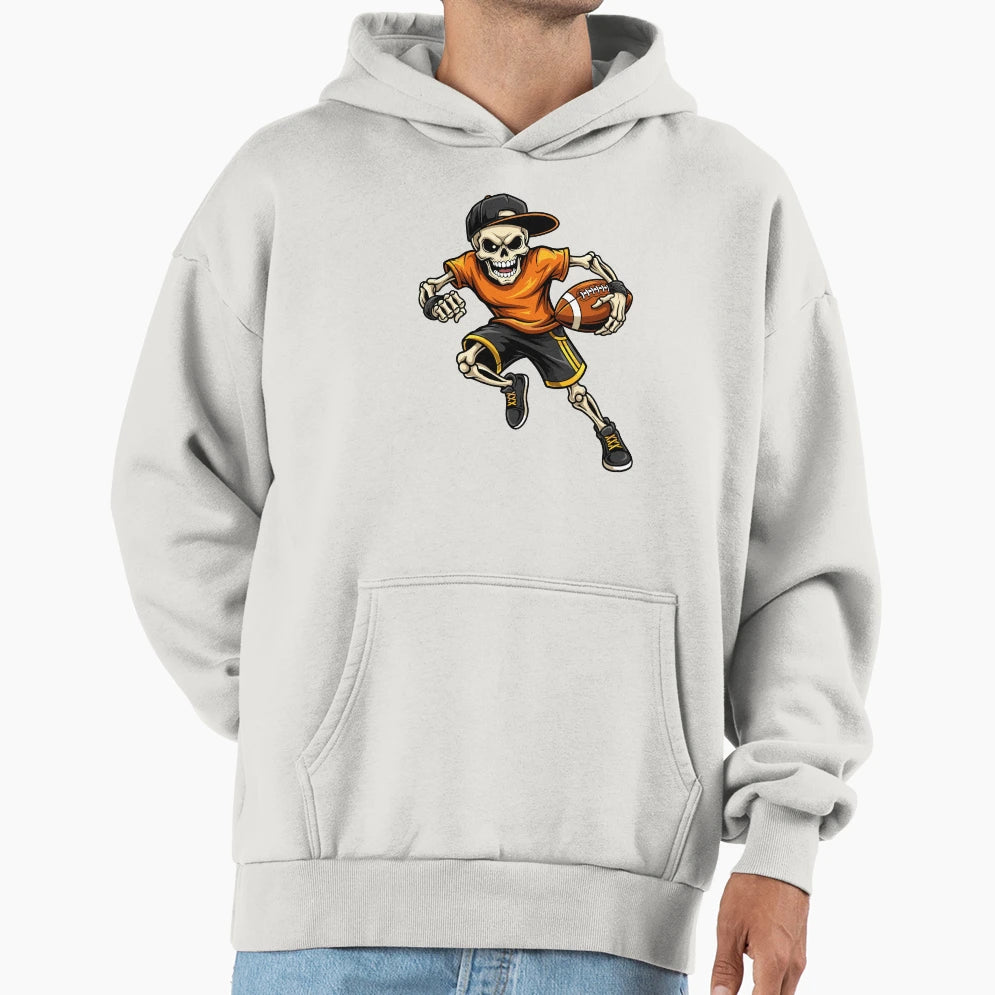Skeleton Football Player Holding Ball Hoodie - Unique Graphic for Adults - T-Shirt, Sweatshirt, Hoodie