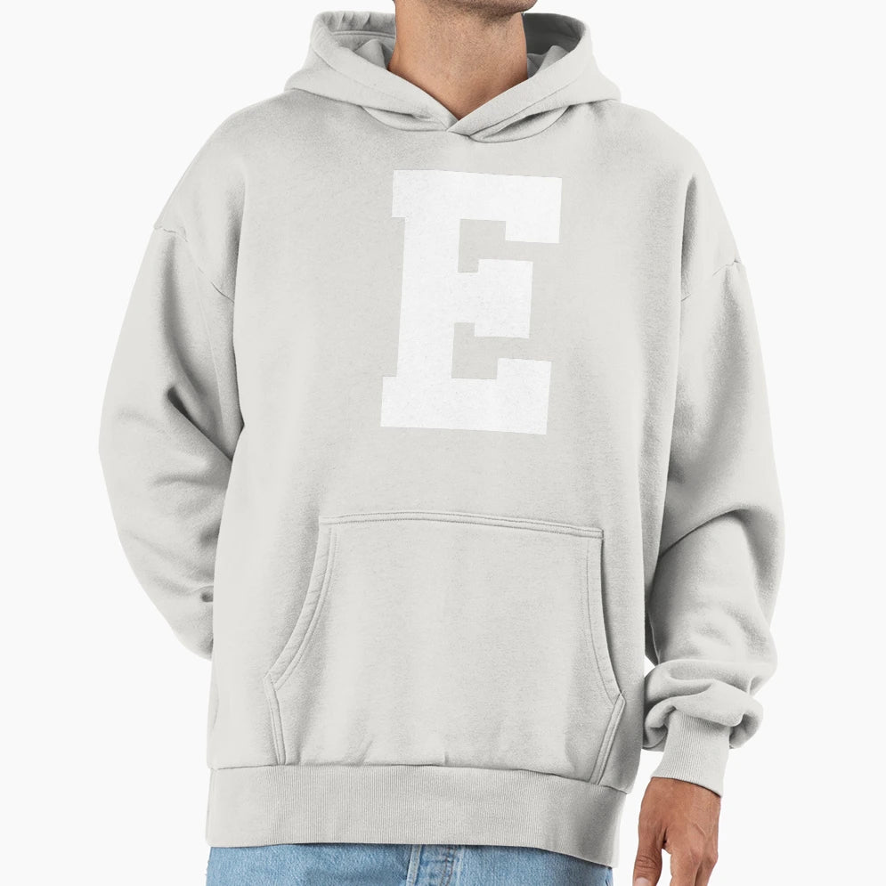 Alphabet White E Sports Letter E Hoodie - Aesthetic Graphic for Adults - T-Shirt, Sweatshirt, Hoodie