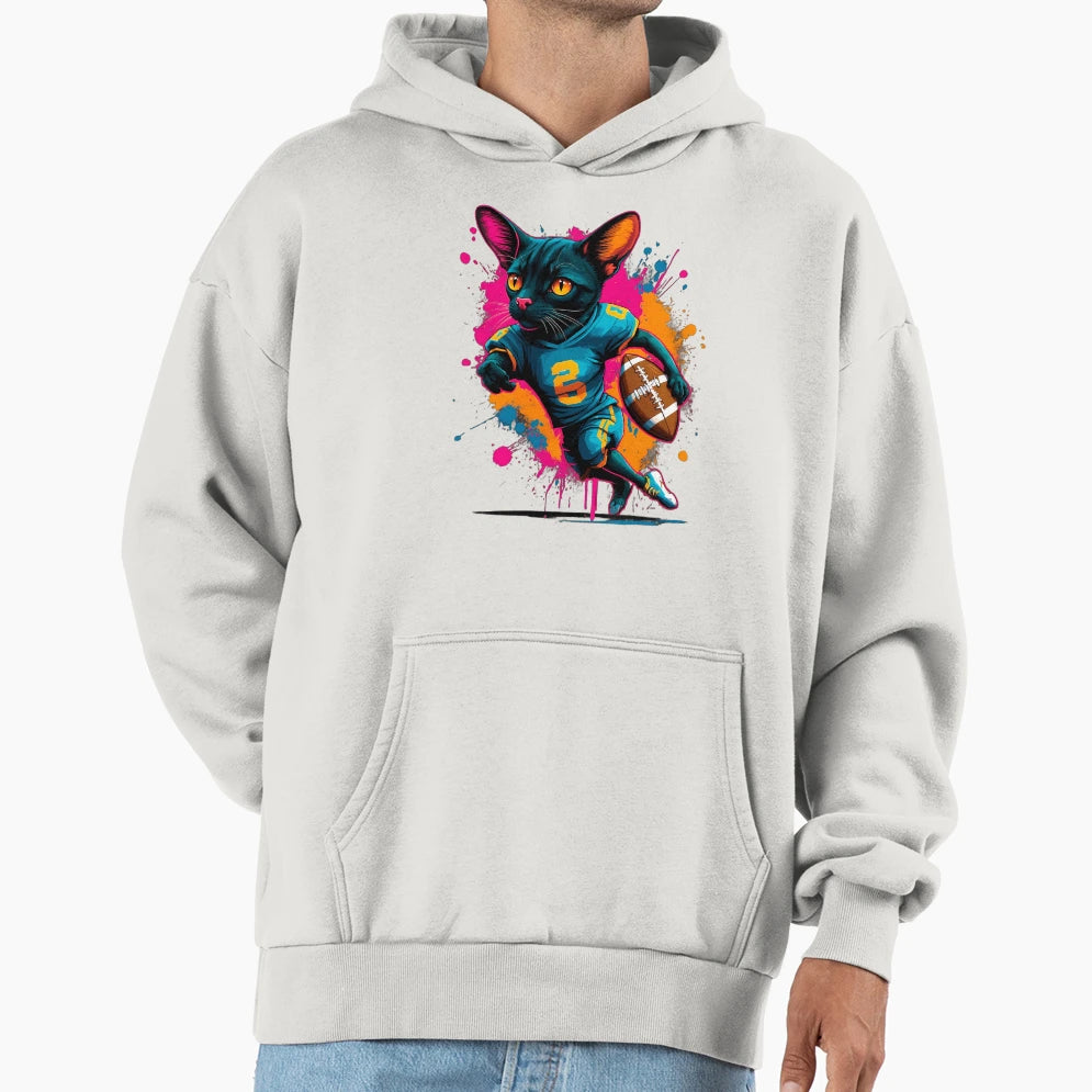 Black Bombay Cat Playing American Football Hoodie - Novelty Apparel Unisex - T-Shirt, Sweatshirt, Hoodie