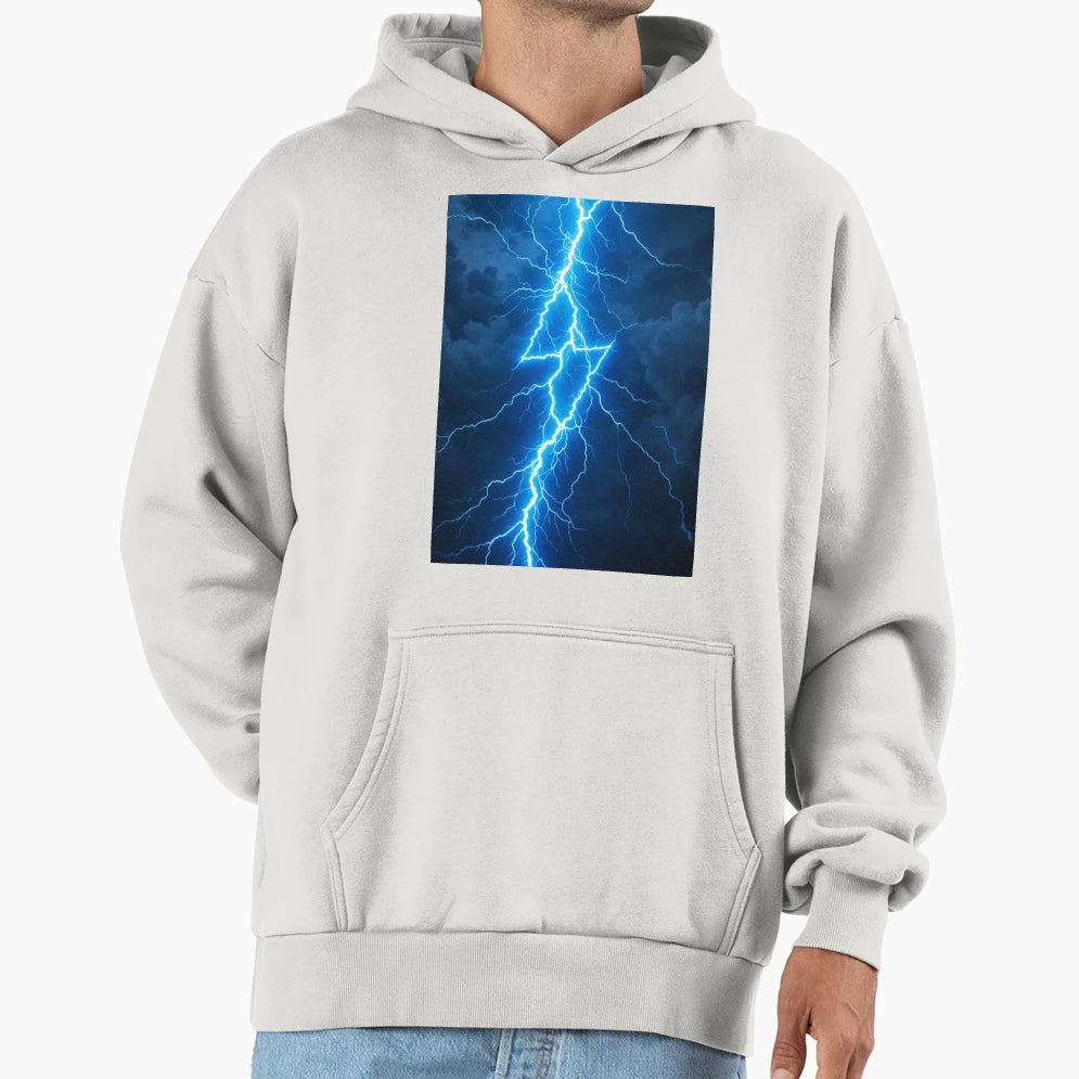 Electric Blue Lightning Bolt Raw Hoodie - Streetwear Style for Adults - T-Shirt, Sweatshirt, Hoodie