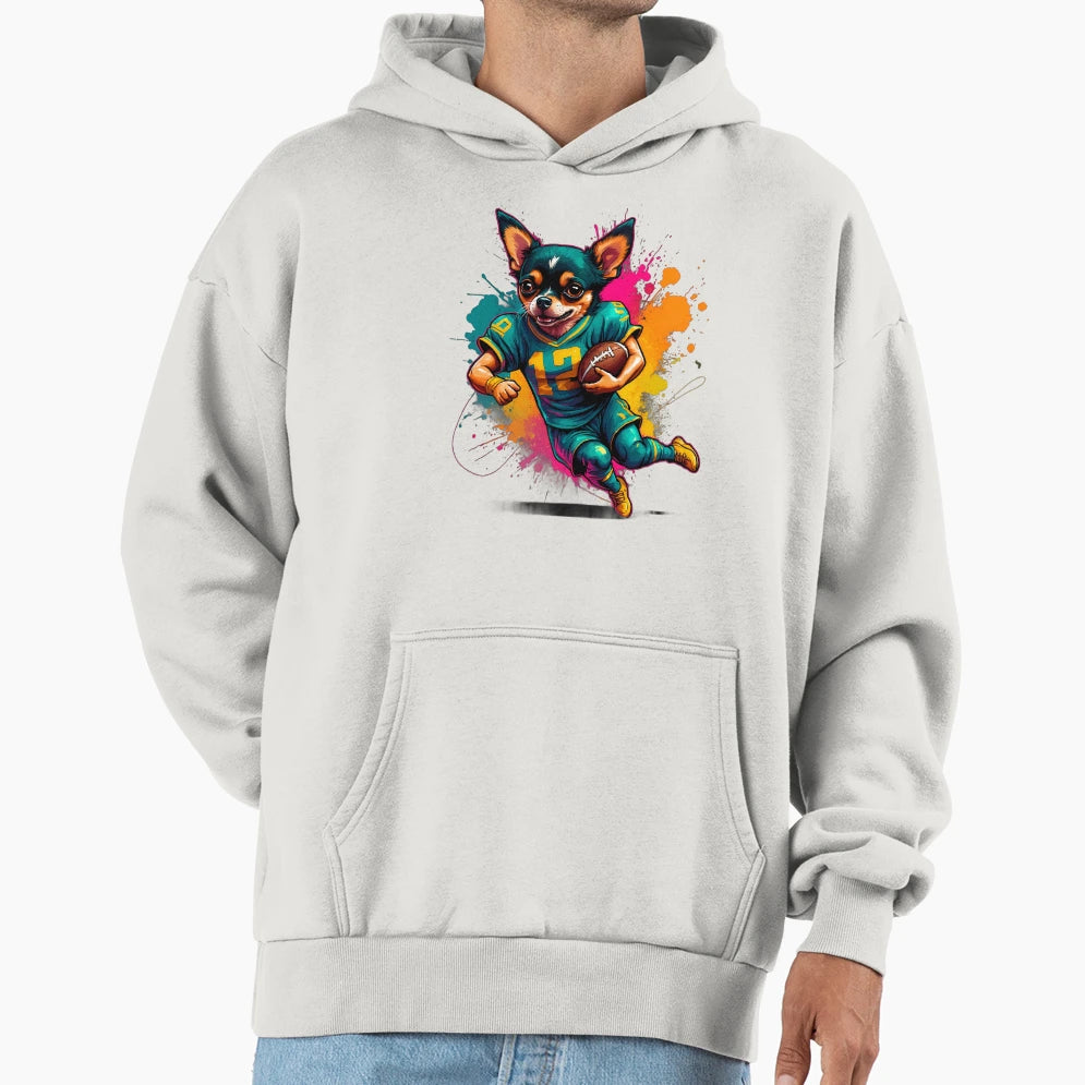 Chihuahua Dog Playing American Football Hoodie - Graphic Print for Adults - T-Shirt, Sweatshirt, Hoodie