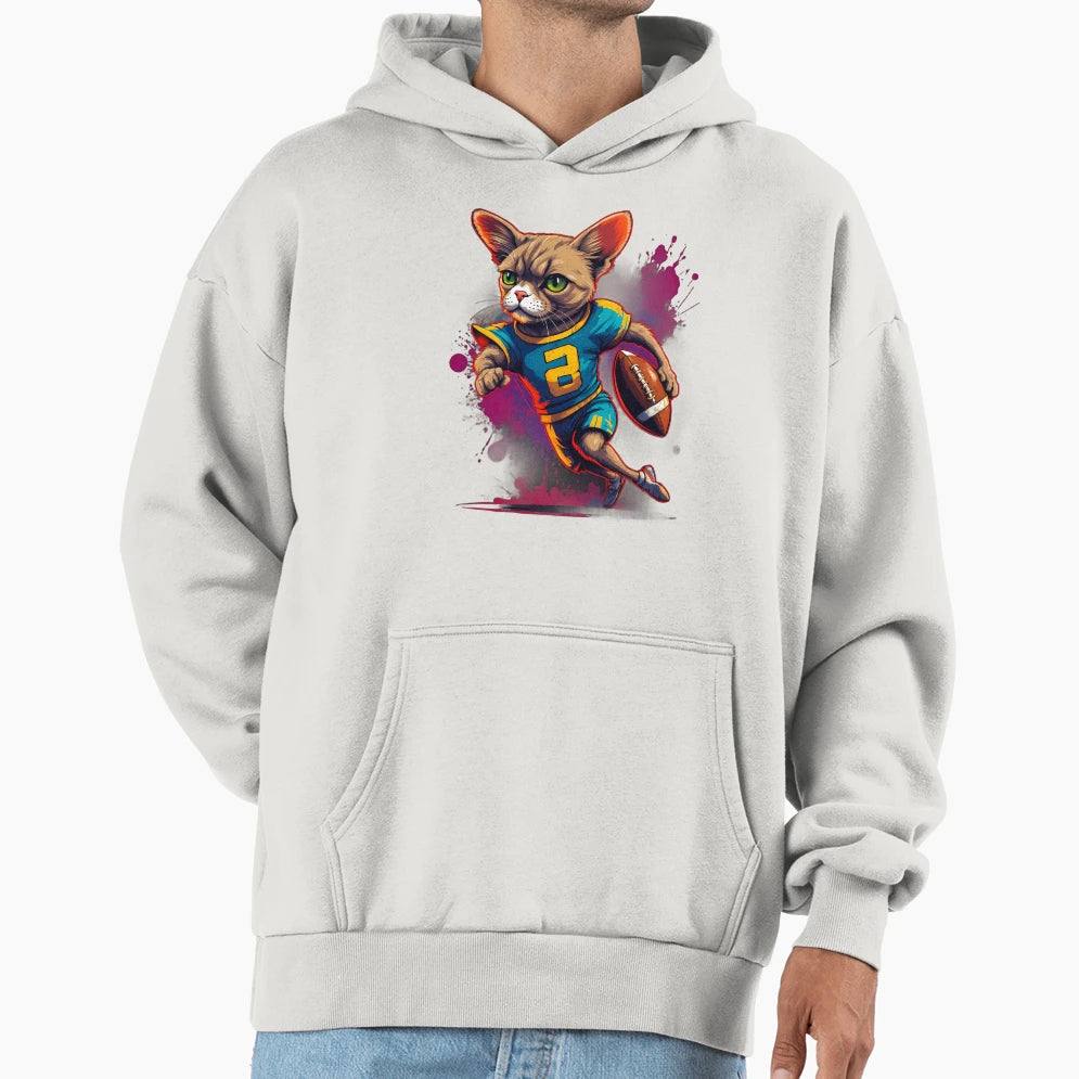 Shorthair Cat Playing American Football Hoodie - Novelty Apparel for Adults - T-Shirt, Sweatshirt, Hoodie