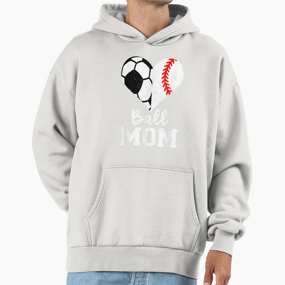 Ball Mom Heart Funny Baseball Soccer Mom Hoodie - Trendy Graphic for Adults - T-Shirt, Sweatshirt, Hoodie