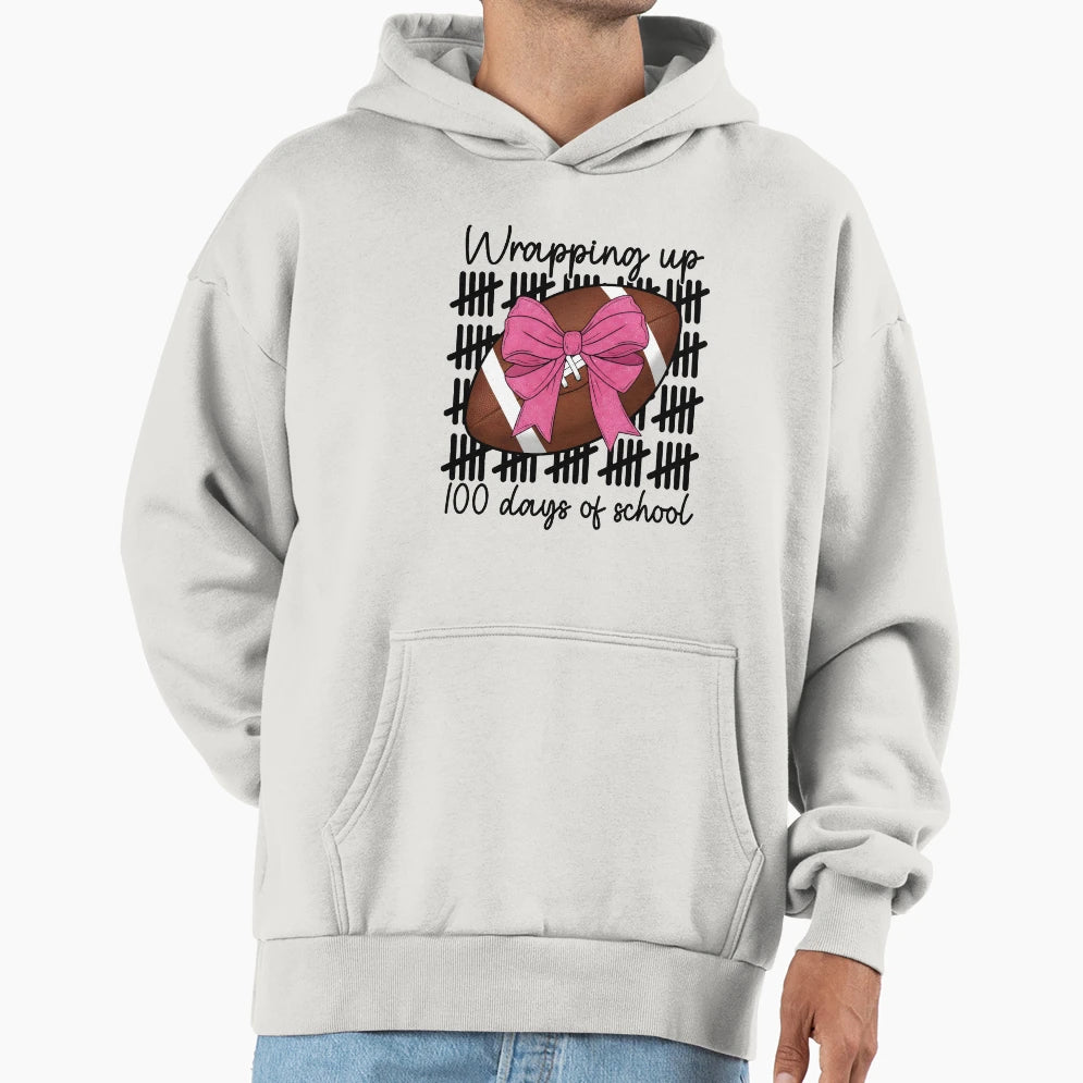 Wrapping Up 100 Days School Football Bow Hoodie - Fun Novelty Design Unisex - T-Shirt, Sweatshirt, Hoodie