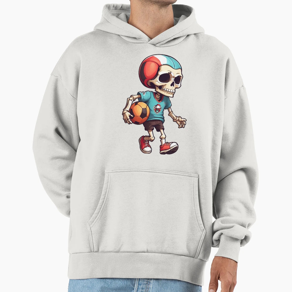 Cartoon Skull Playing Soccer Hoodie - Novelty Apparel for Adults - T-Shirt, Sweatshirt, Hoodie