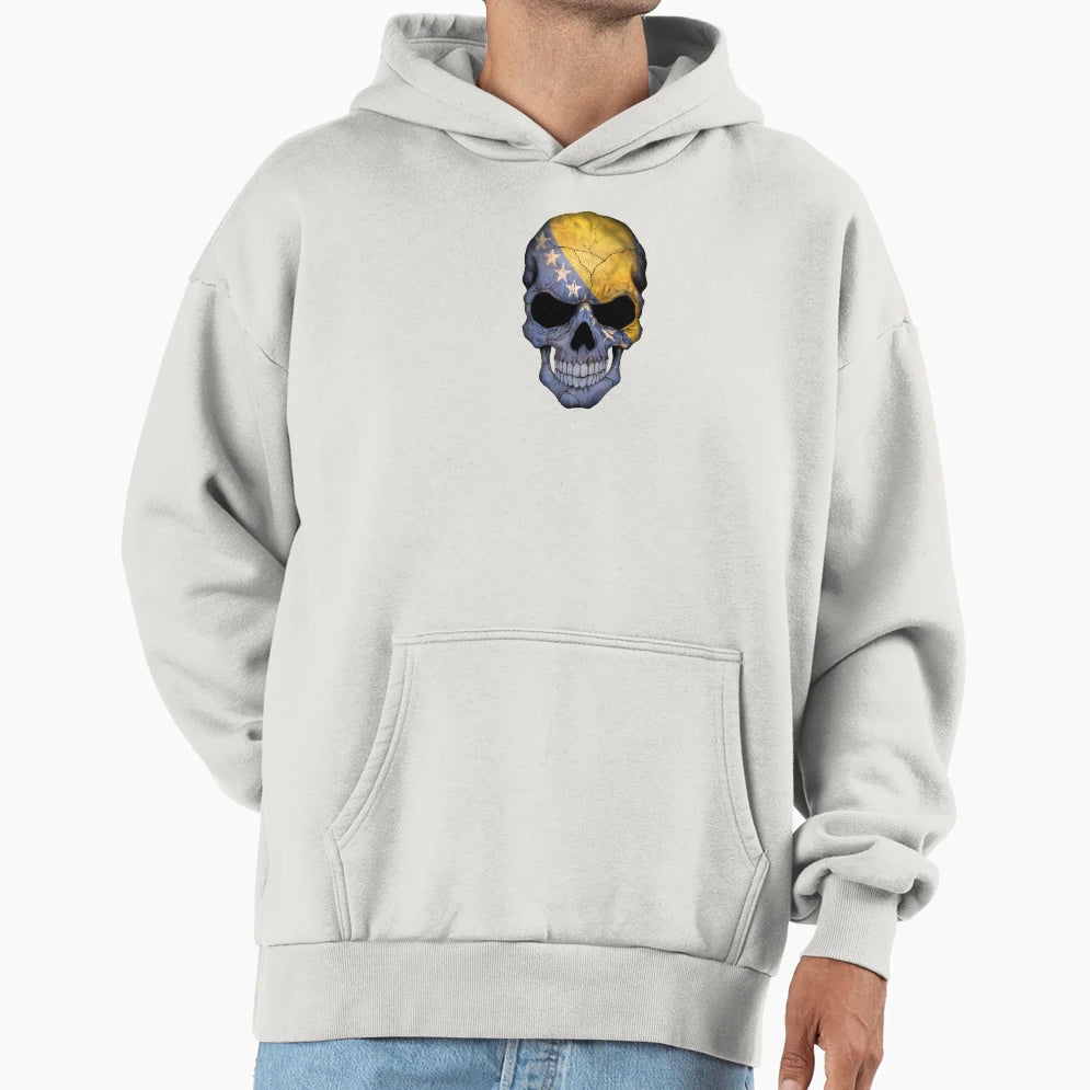 Bosnia Herzegovina Flag Skull Hoodie - Unique Graphic Unisex - T-Shirt, Sweatshirt, Hoodie