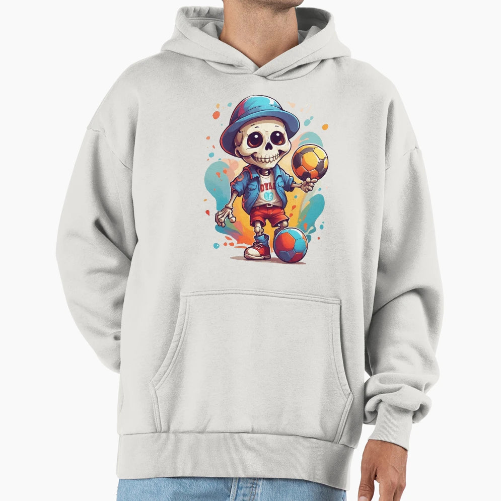 Cartoon Skull Playing Soccer Hoodie - Fun Novelty Design for Adults - T-Shirt, Sweatshirt, Hoodie