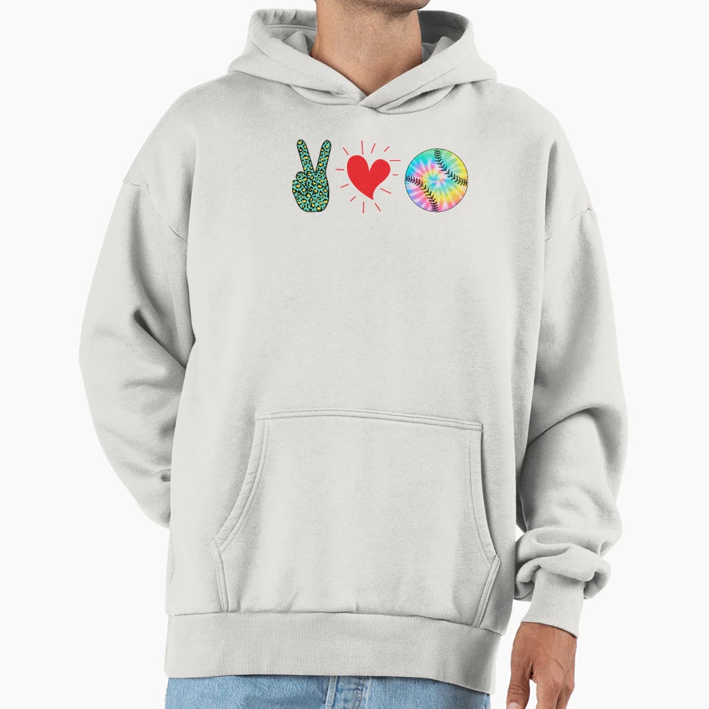 Peace Love Baseball Stitches Hoodie - Unique Graphic Men Women - T-Shirt, Sweatshirt, Hoodie