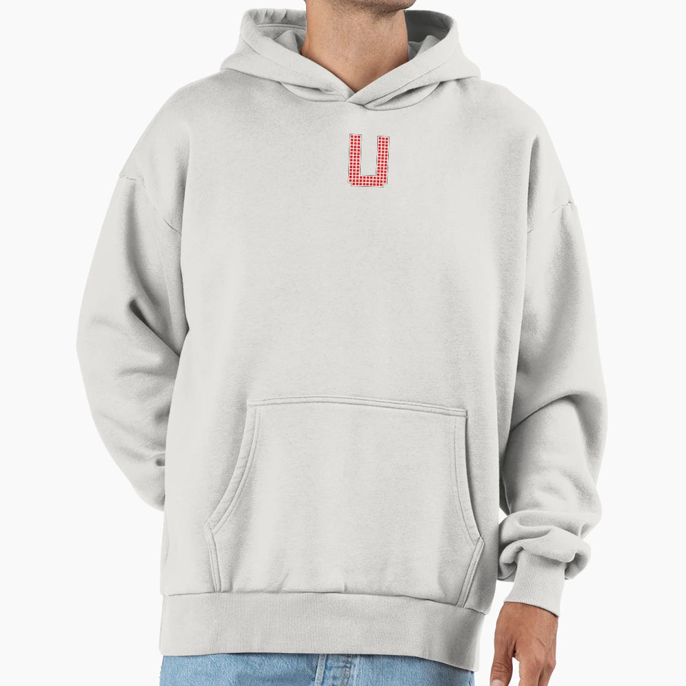 Uppercase U Red Pixel Block Character Hoodie - Minimalist Print for Adults - T-Shirt, Sweatshirt, Hoodie