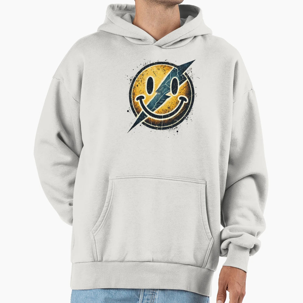 Lightning Bolt Smiley Distressed Hoodie - Casual Everyday Wear for Adults - T-Shirt, Sweatshirt, Hoodie