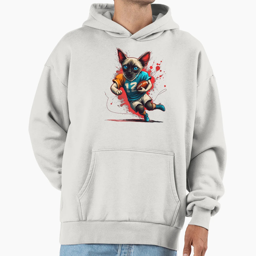 Siamese Cat Playing American Football Hoodie - Unique Graphic for Adults - T-Shirt, Sweatshirt, Hoodie