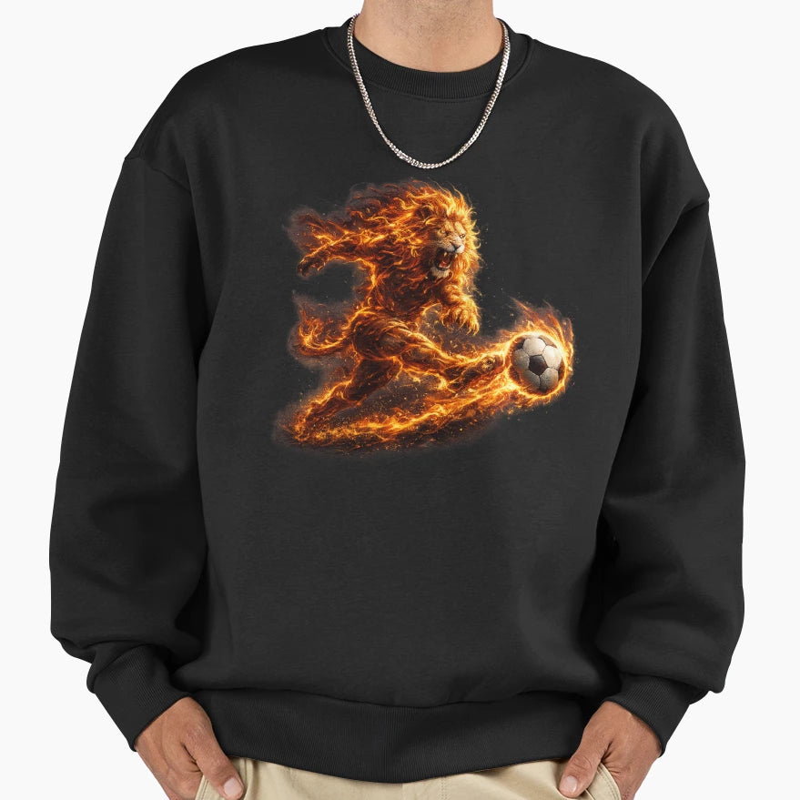 Fierce Fire Lion Kicking Soccer Sweatshirt - Trendy Graphic for Adults - T-Shirt, Sweatshirt, Hoodie