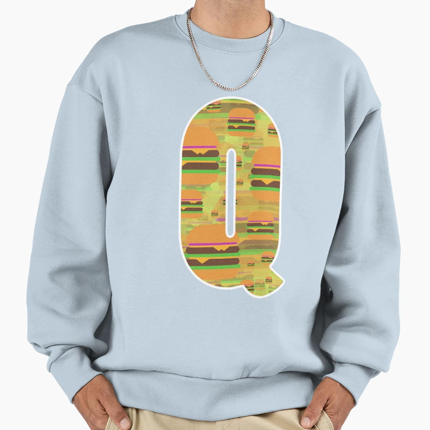 Letter Q Hamburger Pattern Art Sweatshirt - Unique Graphic for Adults - T-Shirt, Sweatshirt, Hoodie