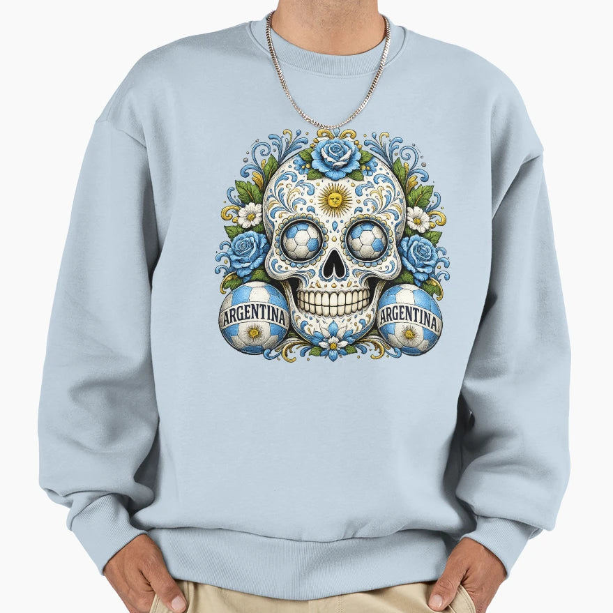 Argentina Soccer Skull Sweatshirt - Unique Graphic Unisex - T-Shirt, Sweatshirt, Hoodie