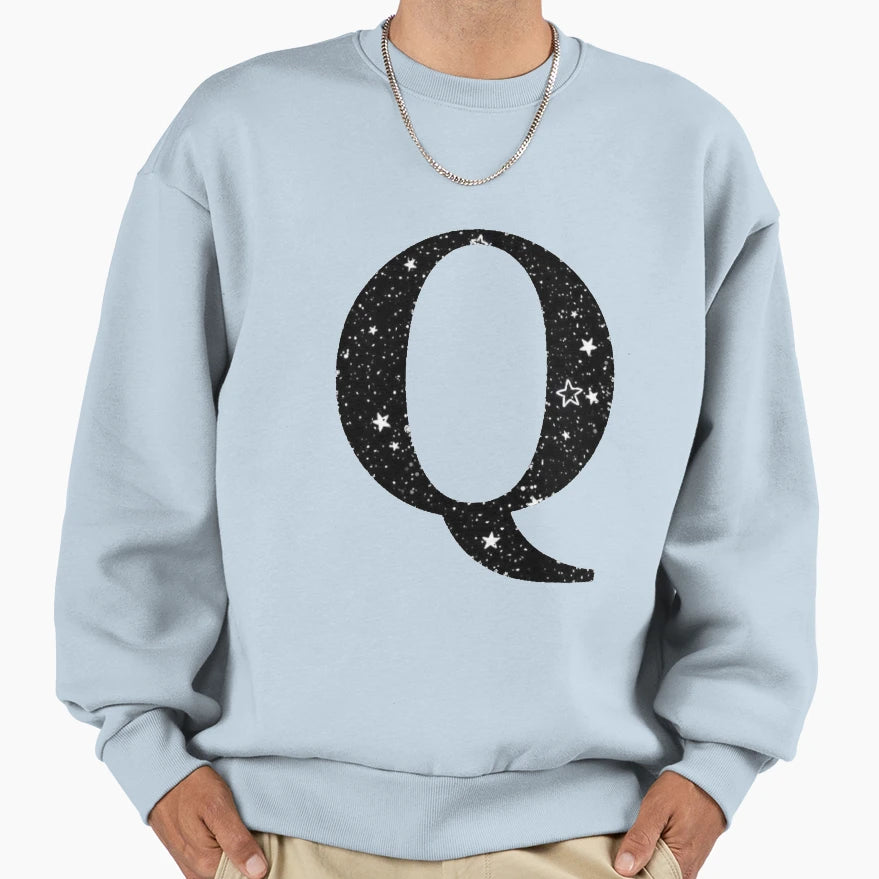 Letter Q White Stars Black Sky Sweatshirt - Novelty Apparel Unisex - T-Shirt, Sweatshirt, Hoodie