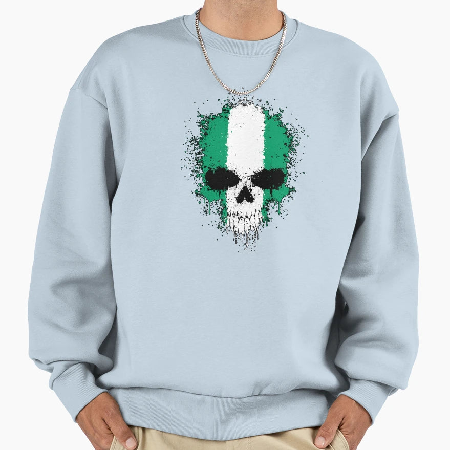 Chaotic Nigerian Flag Splatter Skull Sweatshirt - Minimalist Print Unisex - T-Shirt, Sweatshirt, Hoodie