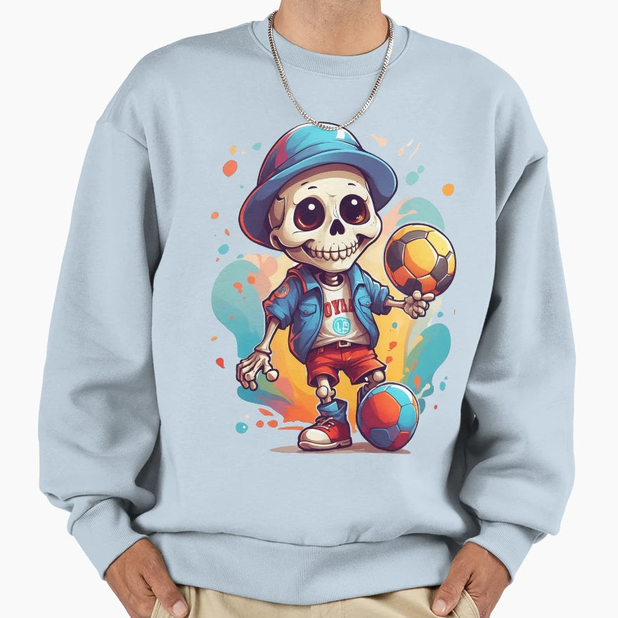 Cartoon Skull Playing Soccer Sweatshirt - Casual Everyday Wear Unisex - T-Shirt, Sweatshirt, Hoodie