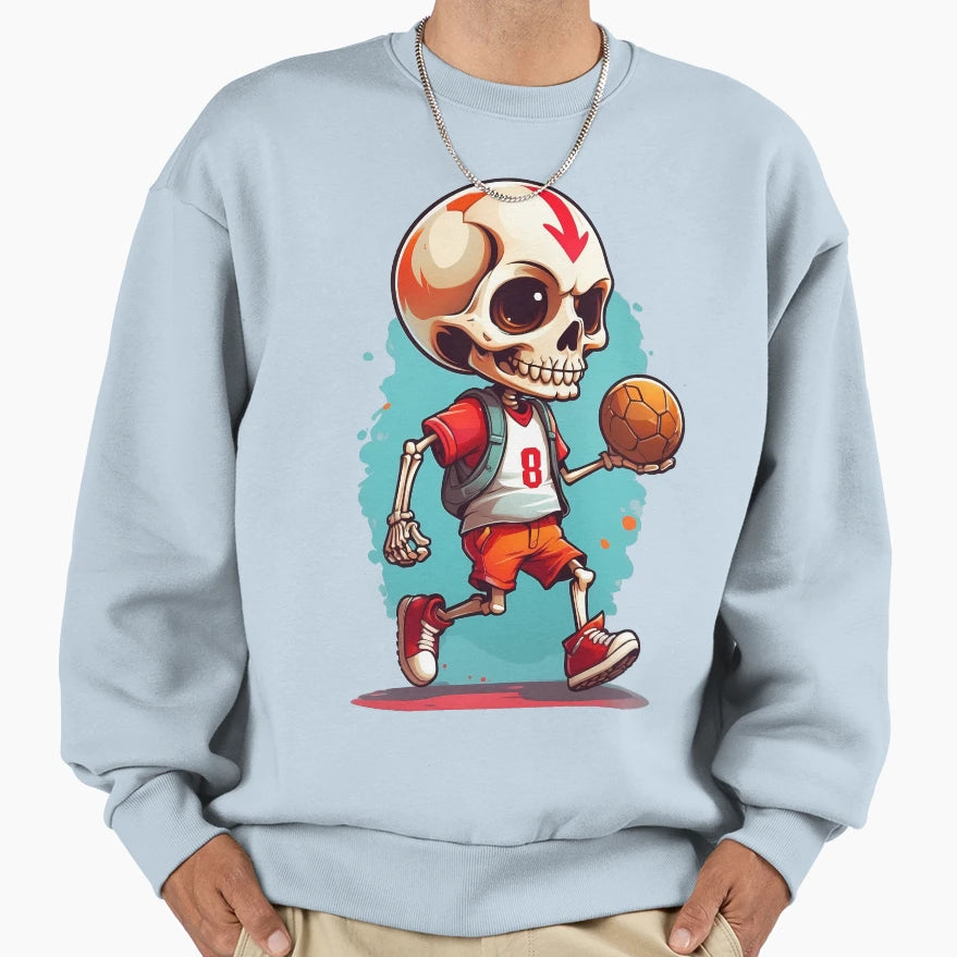 Cartoon Skull Playing Soccer Sweatshirt - Minimalist Print for Adults - T-Shirt, Sweatshirt, Hoodie